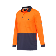 Load image into Gallery viewer, KingGee Men&#39;s Workcool Hyperfreeze Spliced Long Sleeve Polo - Orange/Navy - Polos
