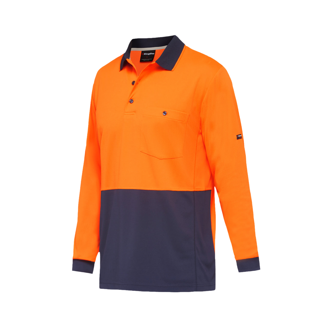 KingGee Men's Workcool Hyperfreeze Spliced Long Sleeve Polo - Orange/Navy - Polos