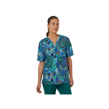 Load image into Gallery viewer, NNT Unisex Polyester Print Warlu Indigenous Scrub V-Neck Top - Green Print - Scrubs
