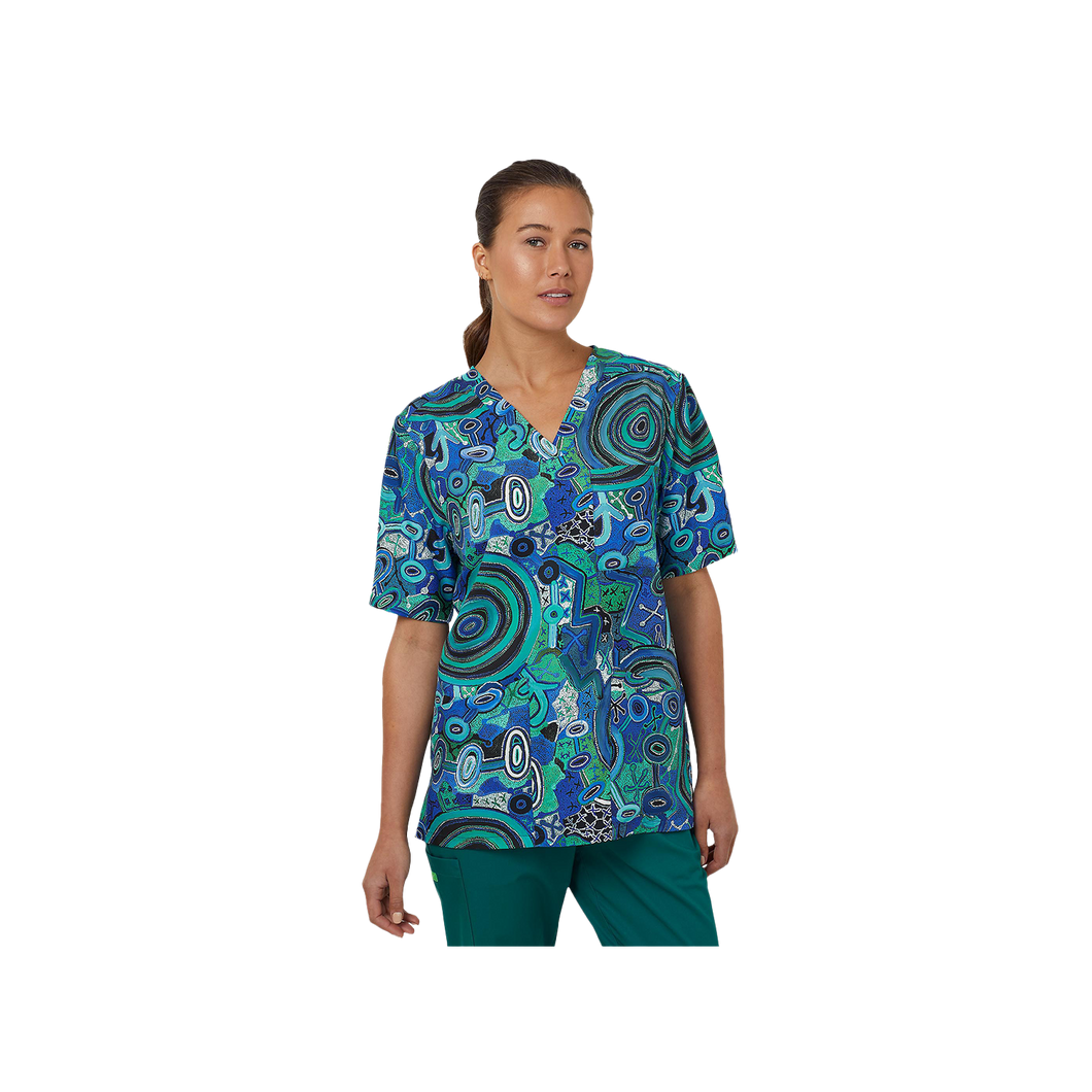 NNT Unisex Polyester Print Warlu Indigenous Scrub V-Neck Top - Green Print - Scrubs