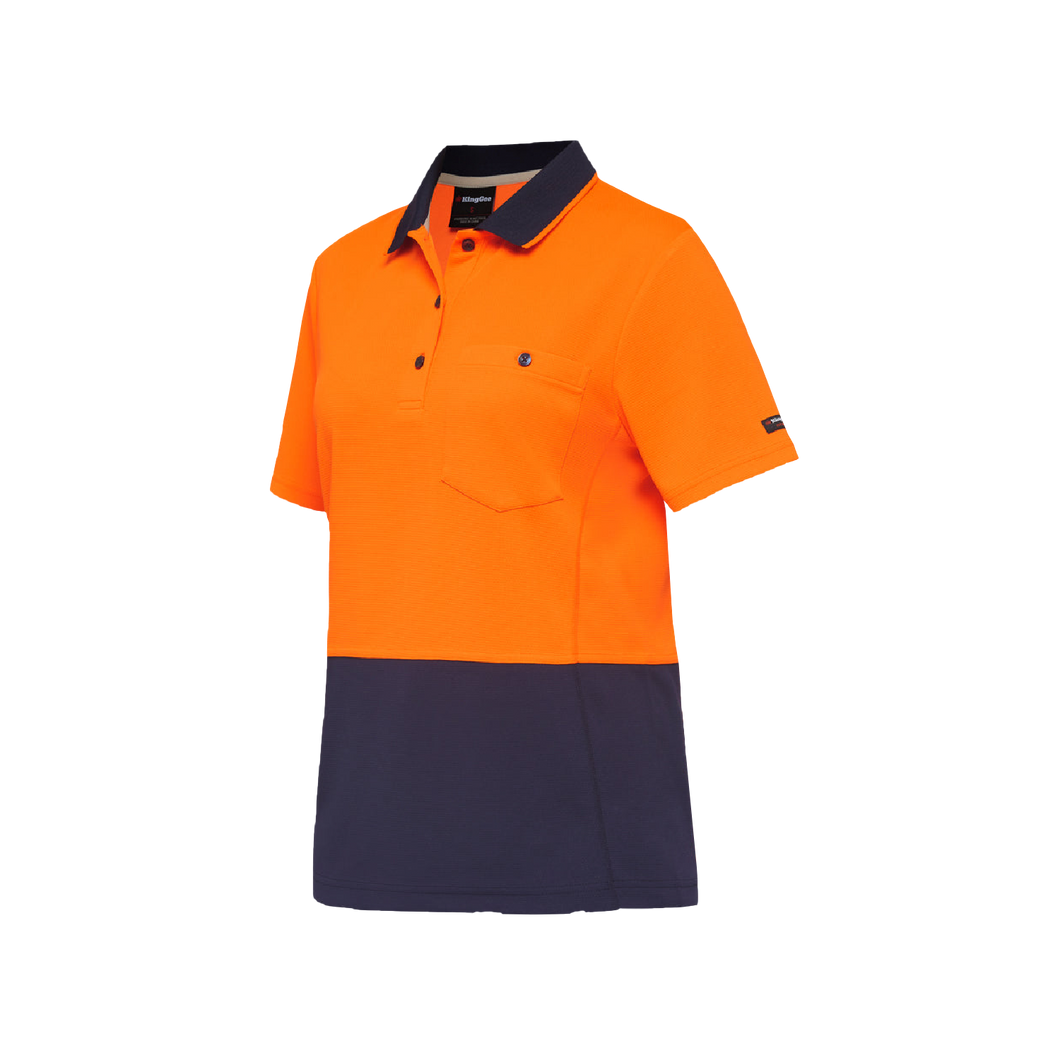 KingGee Women's Workcool Hyperfreeze Spliced Short Sleeve Polo - Orange/Navy - Polos