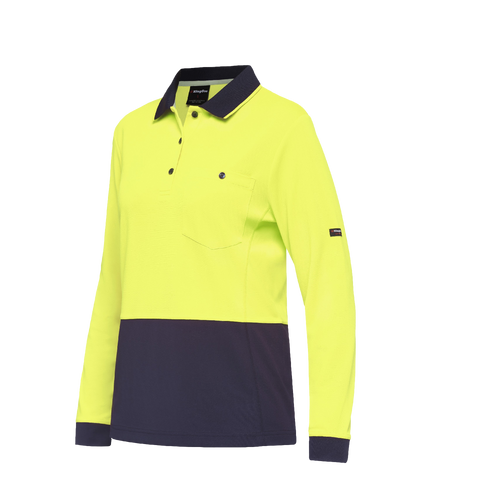 KingGee Women's Workcool Hyperfreeze Spliced Long Sleeve Polo - Yellow/Navy - Polos