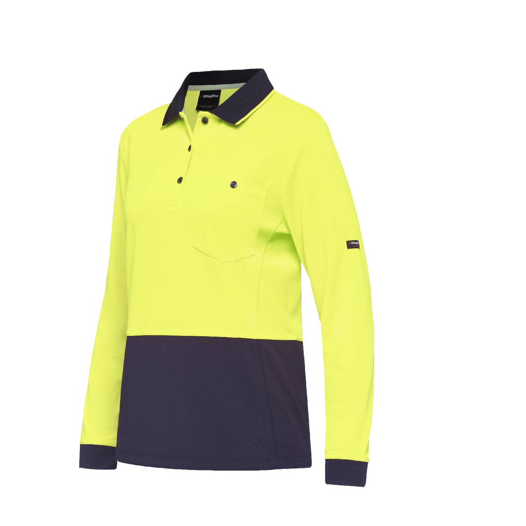 KingGee Women's Workcool Hyperfreeze Spliced Long Sleeve Polo - Yellow/Navy - Polos