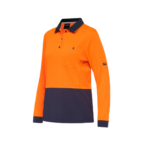 KingGee Women's Workcool Hyperfreeze Spliced Long Sleeve Polo - Orange/Navy - Polos