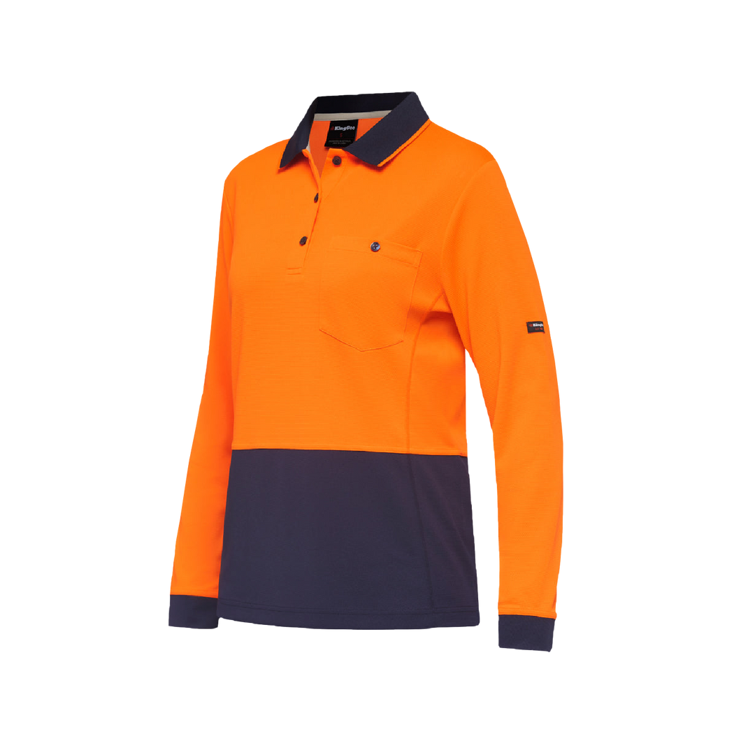 KingGee Women's Workcool Hyperfreeze Spliced Long Sleeve Polo - Orange/Navy - Polos