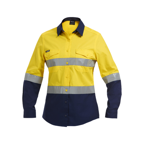 KingGee Women's Workcool 2 Hi Vis Reflective Spliced Long Sleeve Shirt - Yellow/Navy - Shirts