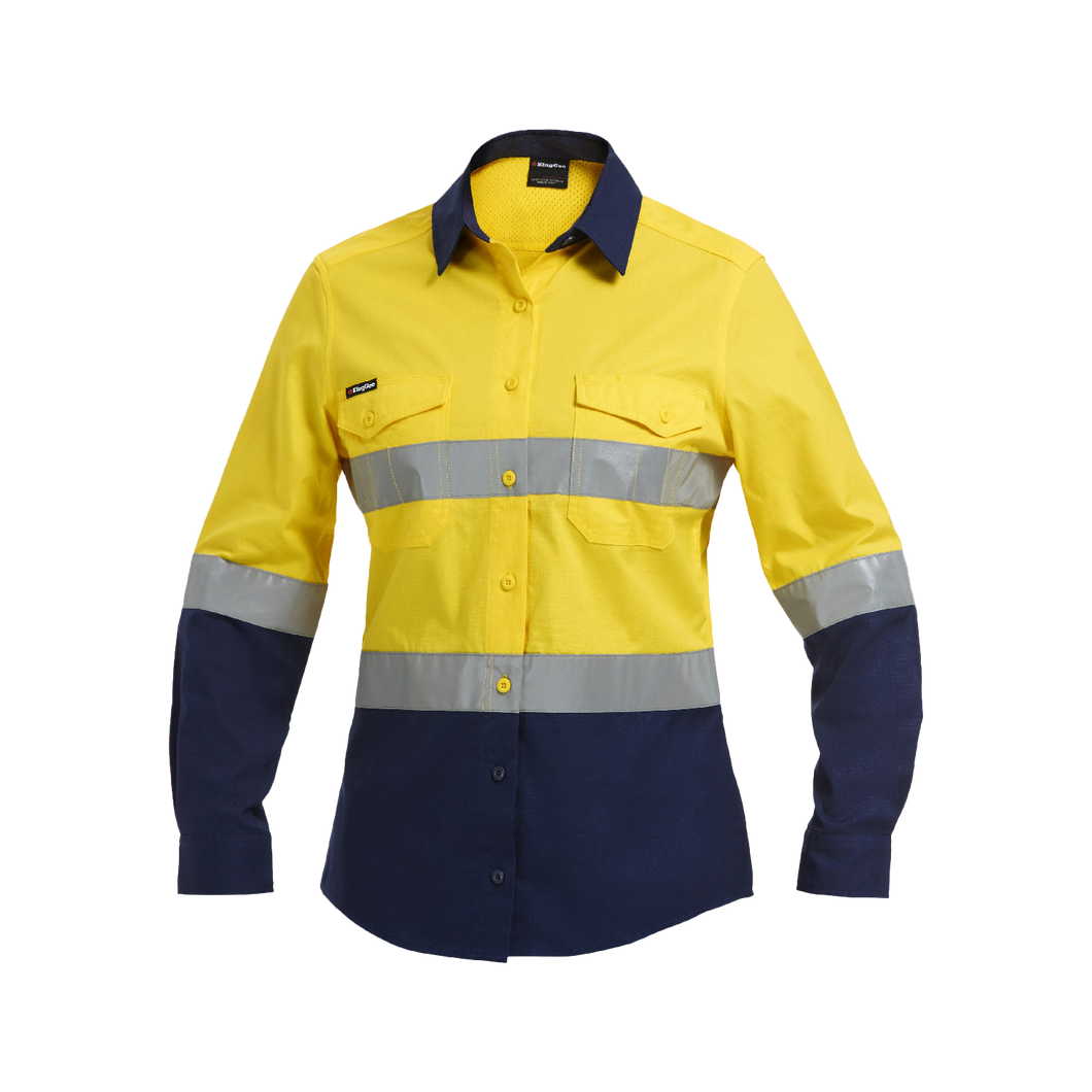 KingGee Women's Workcool 2 Hi Vis Reflective Spliced Long Sleeve Shirt - Yellow/Navy - Shirts