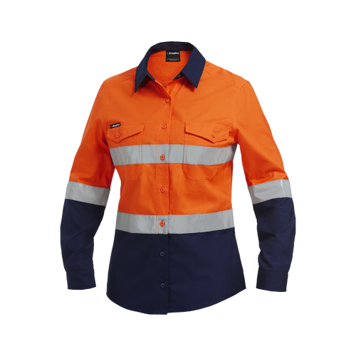 KingGee Women's Workcool 2 Hi Vis Reflective Spliced Long Sleeve Shirt - Orange/Navy - Shirts