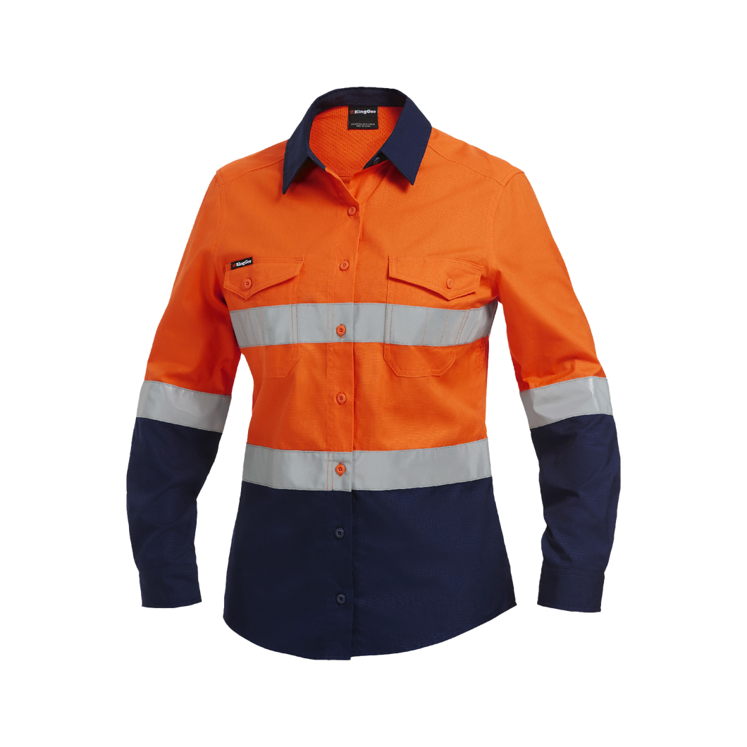 KingGee Women's Workcool 2 Hi Vis Reflective Spliced Long Sleeve Shirt - Orange/Navy - Shirts