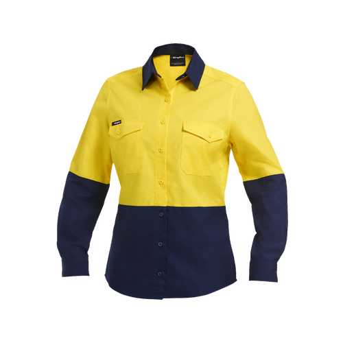 KingGee Women's Workcool 2 Hi Vis Spliced Long Sleeve Shirt - Yellow/Navy - Shirts