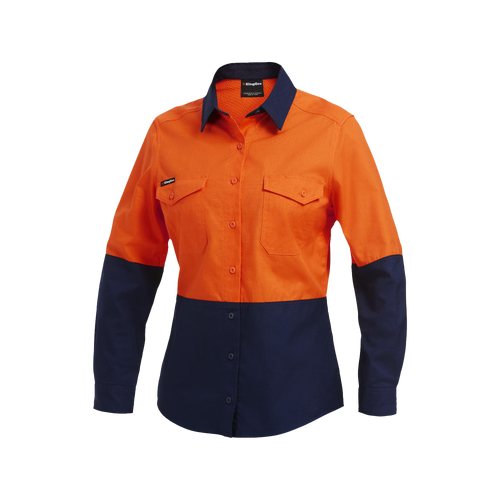 KingGee Women's Workcool 2 Hi Vis Spliced Long Sleeve Shirt - Orange/Navy - Shirts