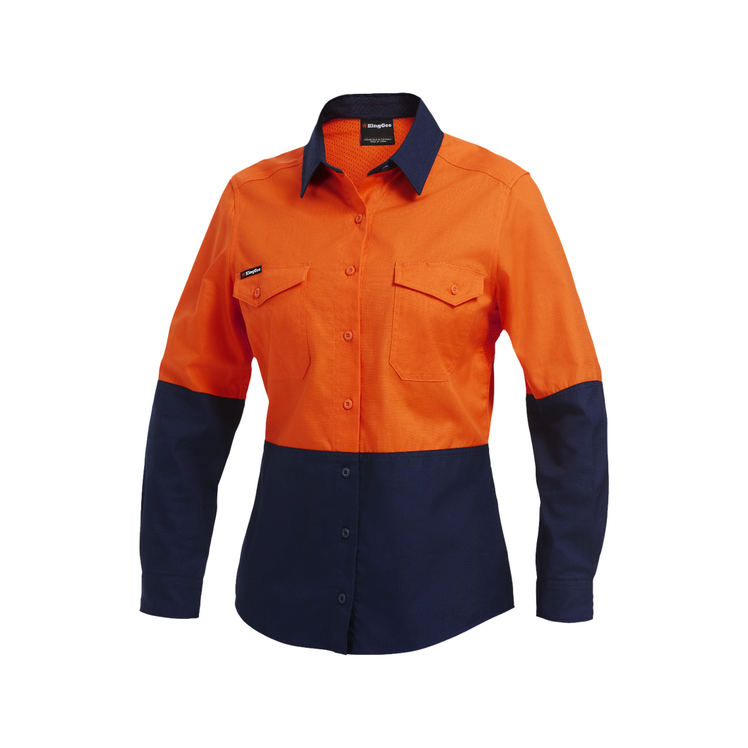 KingGee Women's Workcool 2 Hi Vis Spliced Long Sleeve Shirt - Orange/Navy - Shirts