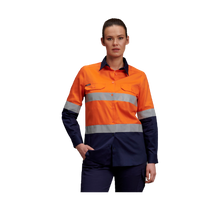 Load image into Gallery viewer, KingGee Women&#39;s Reflective Spliced Drill Long Sleeve Shirt - Orange/Navy - Shirts
