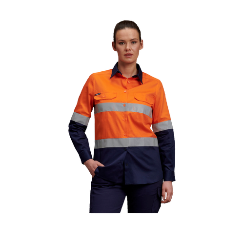 KingGee Women's Reflective Spliced Drill Long Sleeve Shirt - Orange/Navy - Shirts