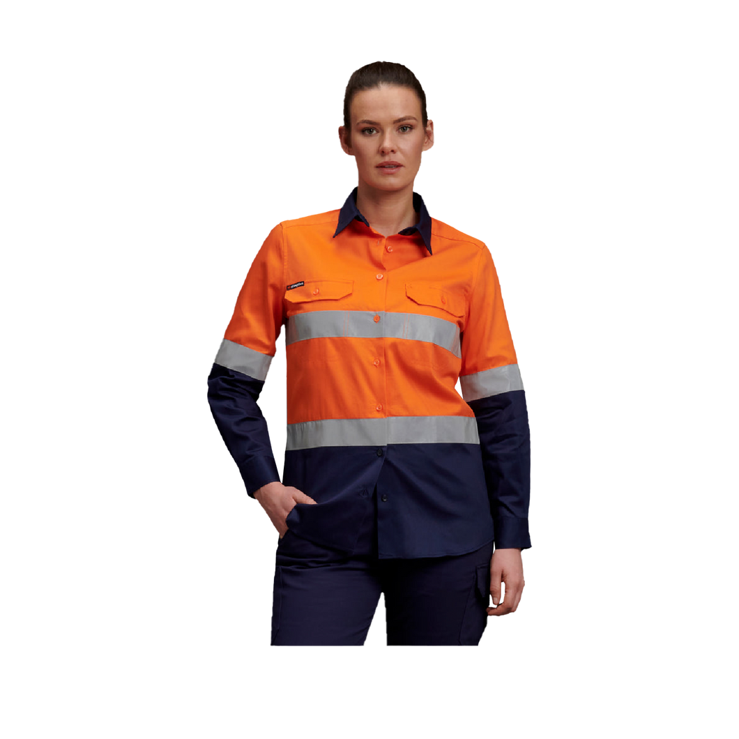 KingGee Women's Reflective Spliced Drill Long Sleeve Shirt - Orange/Navy - Shirts