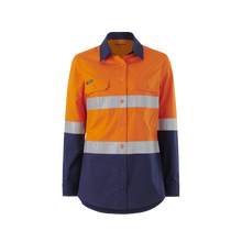 Load image into Gallery viewer, KingGee Women&#39;s Workcool Splice Reflective Long Sleeve Shirt - Orange/Navy - Shirts
