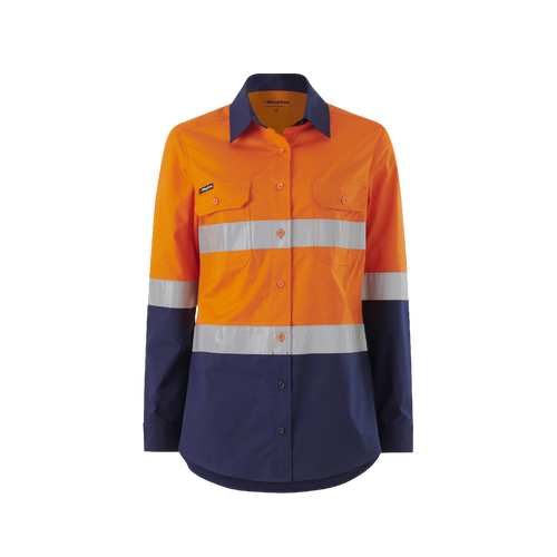 KingGee Women's Workcool Splice Reflective Long Sleeve Shirt - Orange/Navy - Shirts