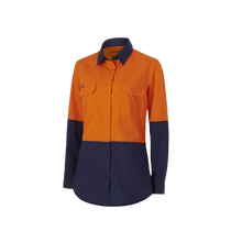 Load image into Gallery viewer, KingGee Women&#39;s Workcool Splice Long Sleeve Shirt - Orange/Navy - Shirts
