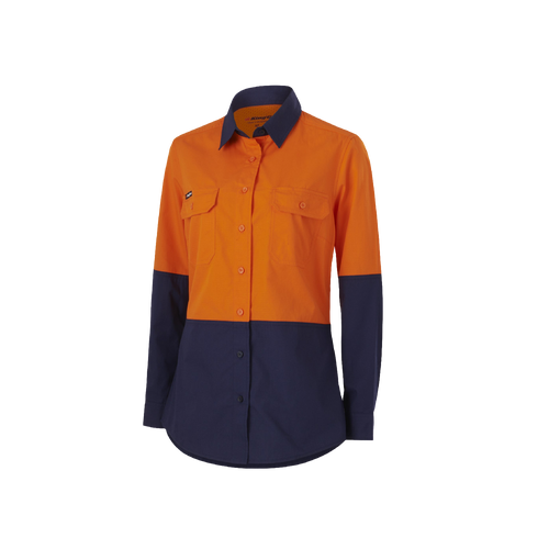 KingGee Women's Workcool Splice Long Sleeve Shirt - Orange/Navy - Shirts