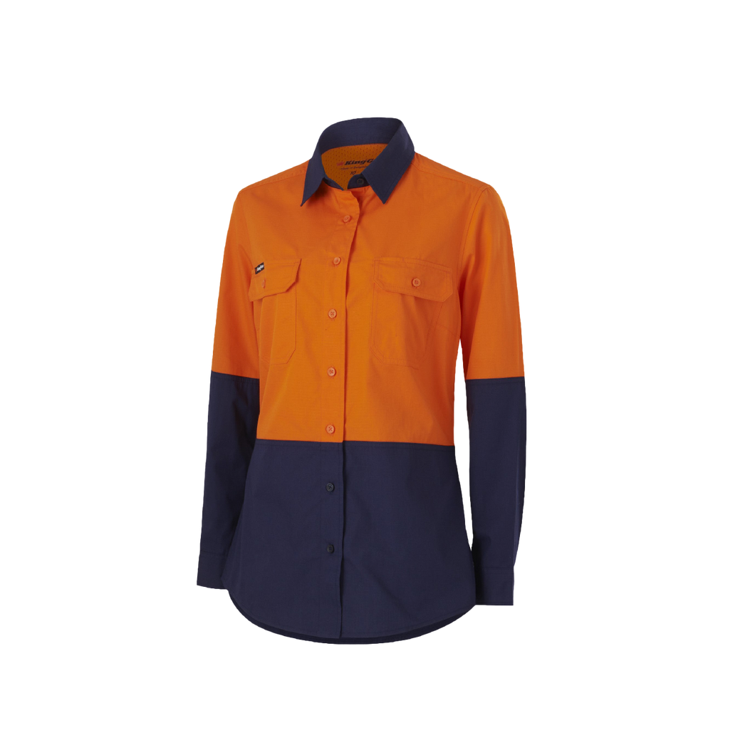 KingGee Women's Workcool Splice Long Sleeve Shirt - Orange/Navy - Shirts