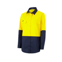 Load image into Gallery viewer, KingGee Women&#39;s Vented Spliced Drill Long Sleeve Shirt - Yellow/Navy - Shirts
