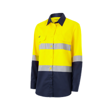 Load image into Gallery viewer, KingGee Women&#39;s Vented Spliced Drill Long Sleeve Shirt with Tape - Yellow/Navy - Shirts
