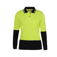 Load image into Gallery viewer, JB&#39;s Wear Women&#39;s Hi Vis Comfort Long Sleeve Polo - Lime/Navy - Polos
