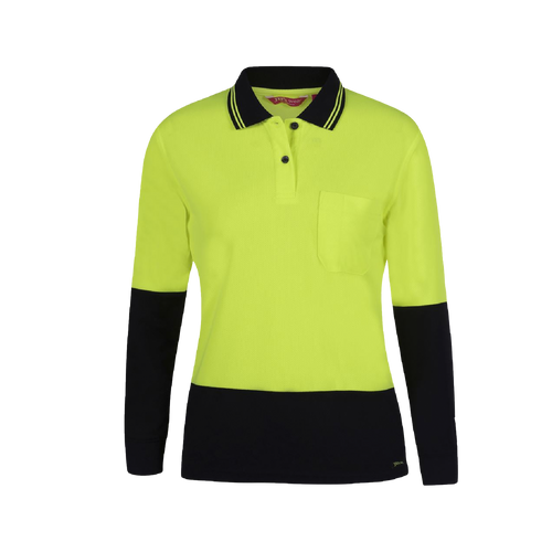 JB's Wear Women's Hi Vis Comfort Long Sleeve Polo - Lime/Navy - Polos