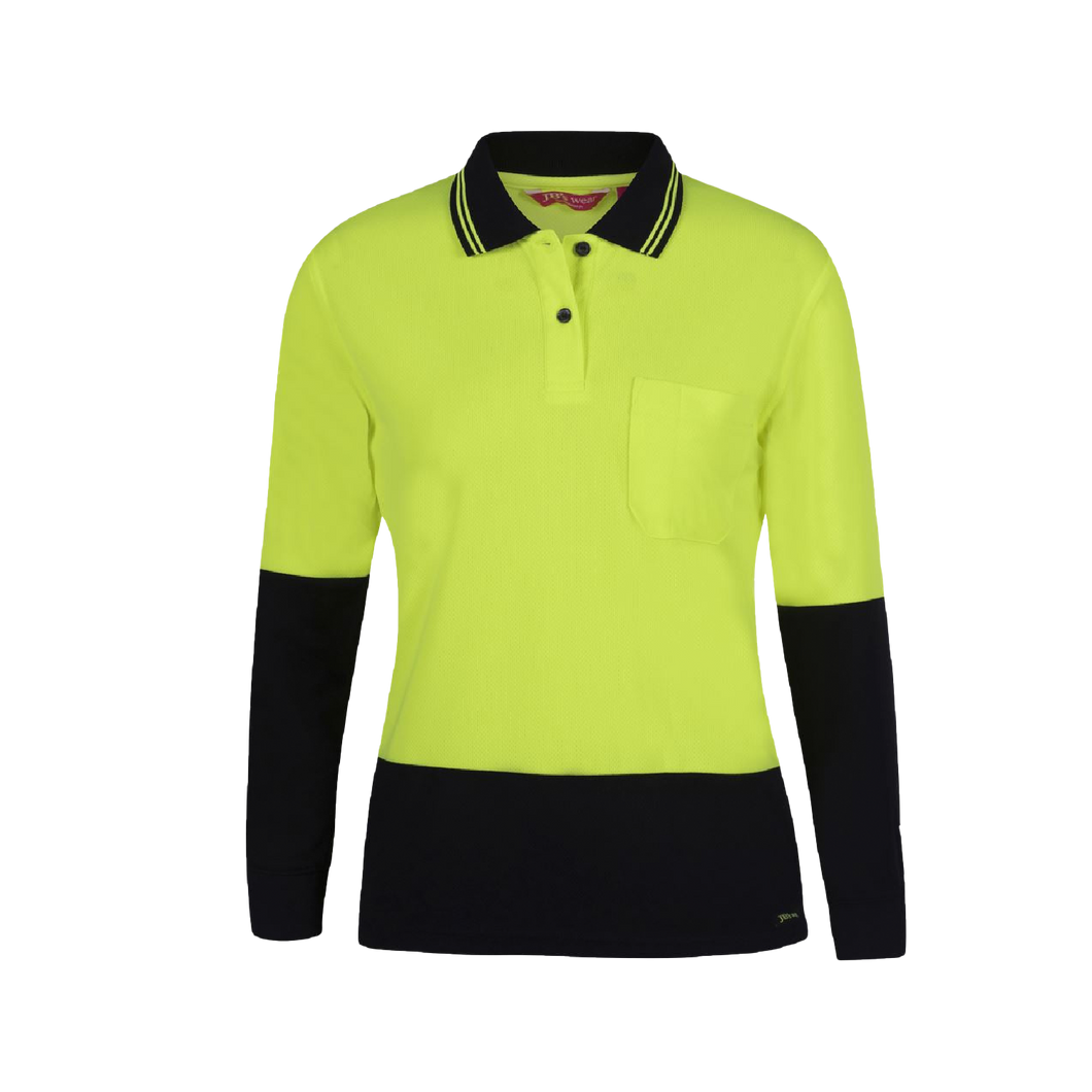 JB's Wear Women's Hi Vis Comfort Long Sleeve Polo - Lime/Navy - Polos