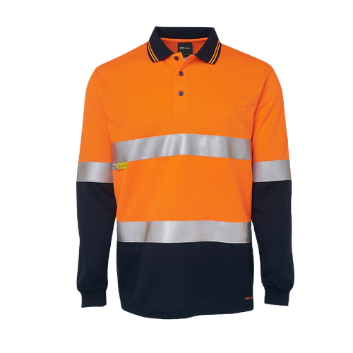 JB's Wear Men's Hi Vis Traditional Taped Long Sleeve Polo - Orange/Navy - Polos