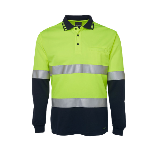 JB's Wear Men's Hi Vis Traditional Taped Long Sleeve Polo - Lime/Navy - Polos