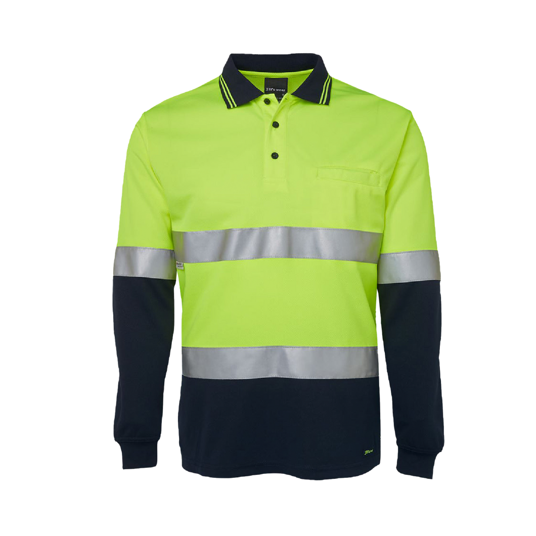 JB's Wear Men's Hi Vis Traditional Taped Long Sleeve Polo - Lime/Navy - Polos