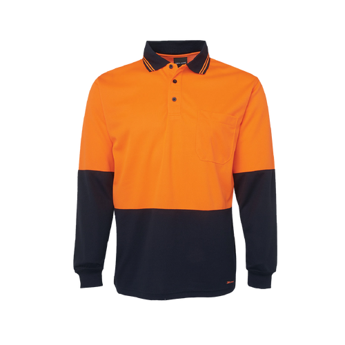 JB's Wear Men's Hi Vis Traditional Long Sleeve Polo - Orange/Navy - Polos