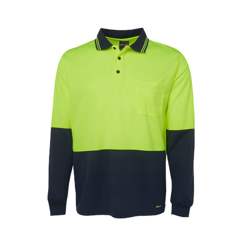 JB's Wear Men's Hi Vis Traditional Long Sleeve Polo - Lime/Navy - Polos