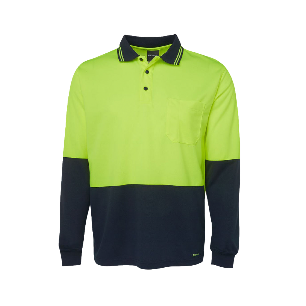 JB's Wear Men's Hi Vis Traditional Long Sleeve Polo - Lime/Navy - Polos