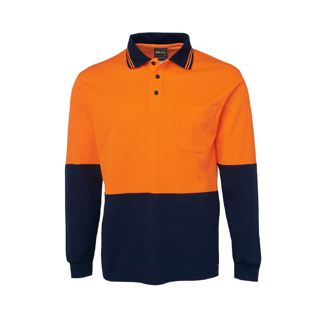 JB's Wear Men's Hi Vis Cotton Back Long Sleeve Polo - Orange/Navy - Polos