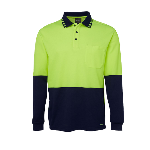 JB's Wear Men's Hi Vis Cotton Back Long Sleeve Polo - Lime/Navy - Polos