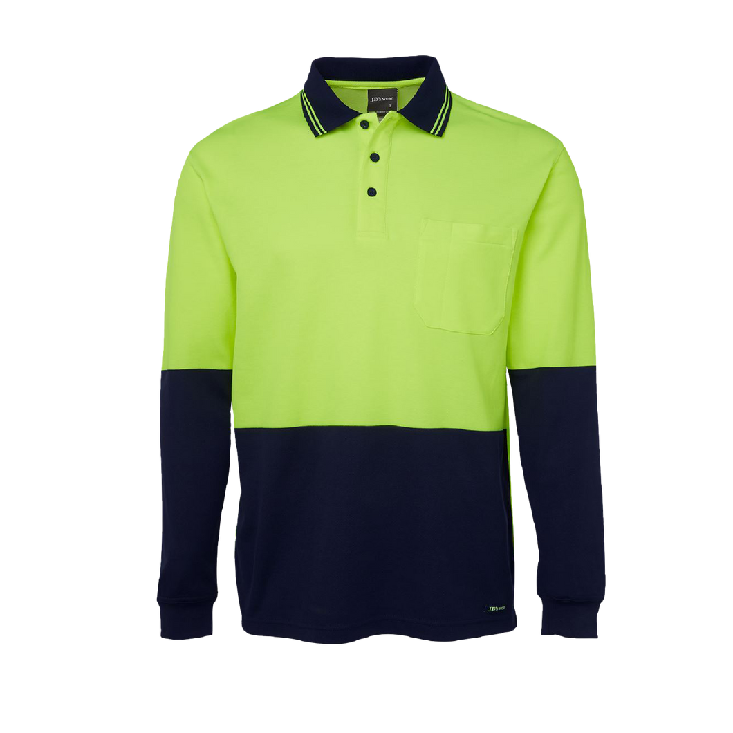 JB's Wear Men's Hi Vis Cotton Back Long Sleeve Polo - Lime/Navy - Polos