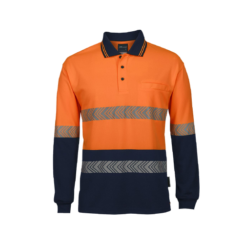 JB's Wear Men's Hi Vis Segmented Tape Long Sleeve Polo - Orange/Navy - Polos