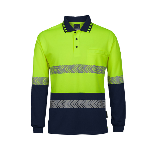 JB's Wear Men's Hi Vis Segmented Tape Long Sleeve Polo - Lime/Navy - Polos