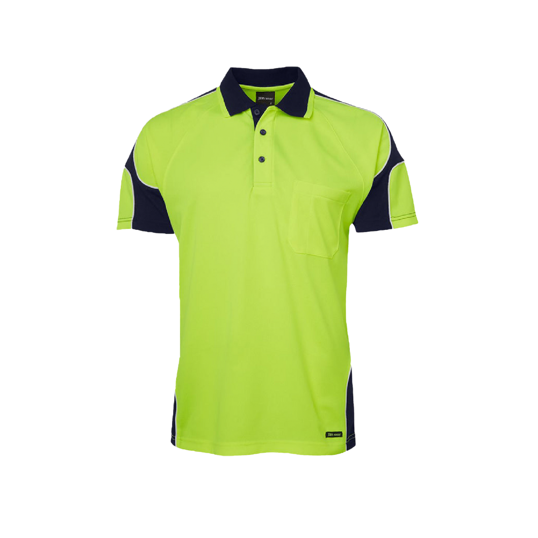 JB's Wear Men's Hi Vis Arm Panel Short Sleeve Polo - Lime/Navy - Polos