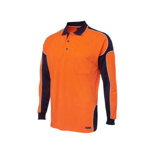 JB's Wear Men's Hi Vis Arm Panel Long Sleeve Polo - Orange/Navy - Polos