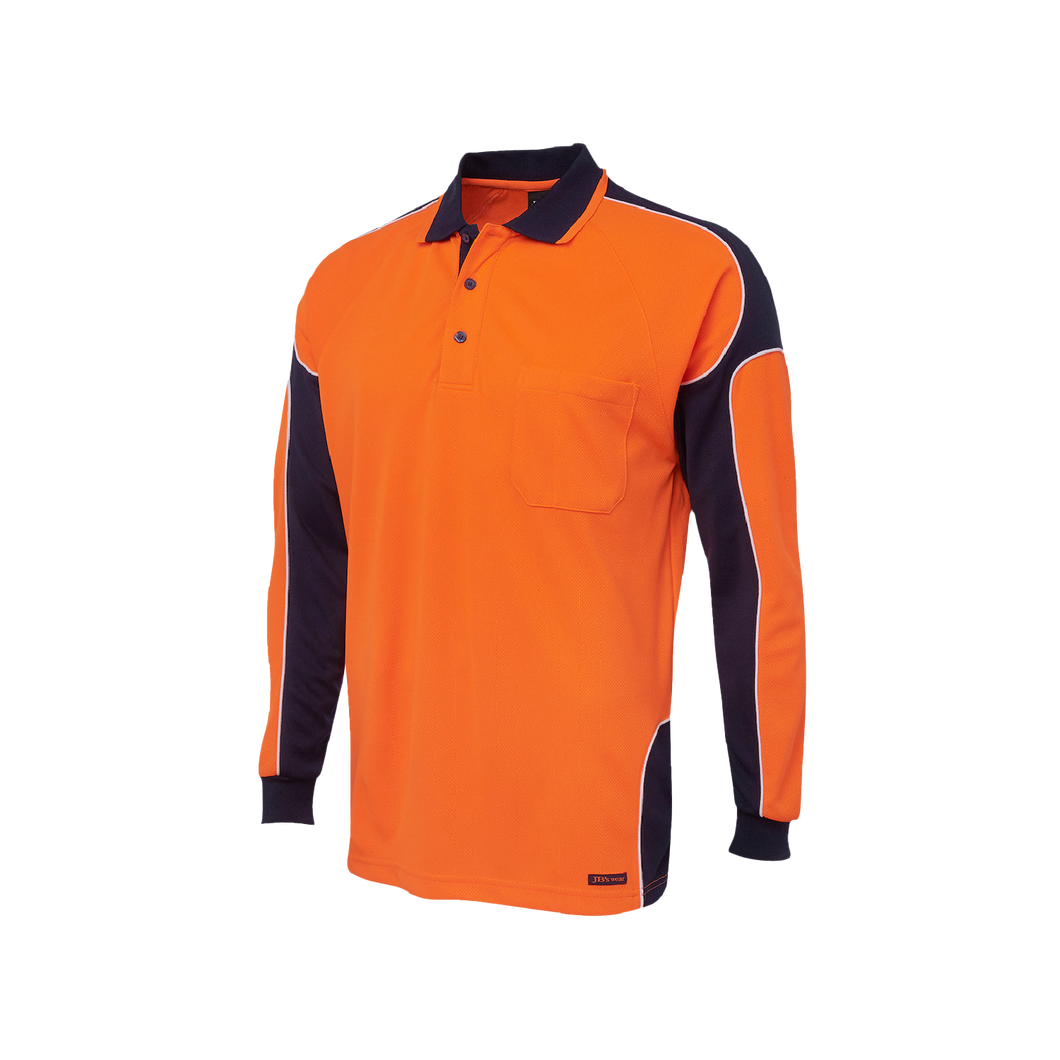 JB's Wear Men's Hi Vis Arm Panel Long Sleeve Polo - Orange/Navy - Polos