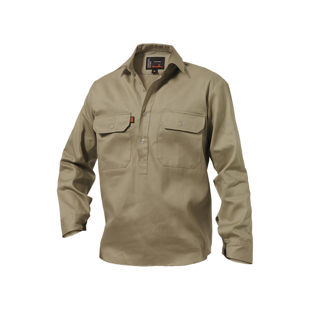 KingGee Men's Closed Front Drill Long Sleeve Shirt - Khaki - Shirts