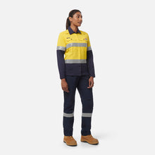 Load image into Gallery viewer, KingGee Women's Shieldtec Lenzing Flame Resistant Hi-Vis Spliced Long Sleeve Shirt Taped - Yellow/Navy
