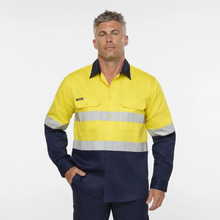 Load image into Gallery viewer, KingGee Men's Originals Spliced Hi-Vis Taped Gusset Cuff L/S Shirt - Yellow/Navy
