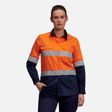 Load image into Gallery viewer, KingGee Women's Reflective Spliced Drill Long Sleeve Shirt - Orange/Navy
