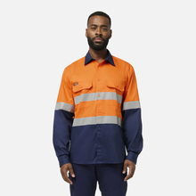 Load image into Gallery viewer, KingGee Men's Originals Spliced Hi-Vis Vented Gusset Cuff Taped L/S Shirt - Orange/Navy
