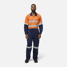 Load image into Gallery viewer, KingGee Men's Originals Spliced Hi-Vis Vented Taped Overall - Orange/Navy
