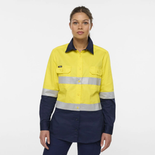 Load image into Gallery viewer, KingGee Women's Womens Originals Spliced Hi-Vis Gusset Cuff Taped L/S Shirt - Yellow/Navy
